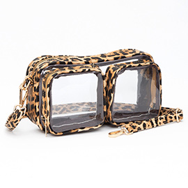 Dual Front Pocket Faux Leather Leopard Print Transparent Crossbody Bag