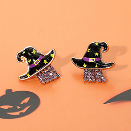 Stone Tassel Detailed Halloween Witch Hat Stud Earrings