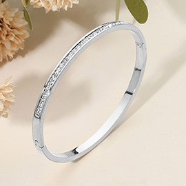 SECRET BOX_Stainless Steel Single Row Rhinestone Paved Hinged Bangle Bracelet