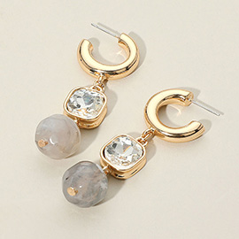 Square Crystal Bezel Natural Stone Drop Link Dangle Earrings