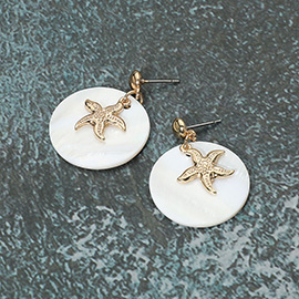 Mother of Pearl Disc Metal Starfish Dangle Earrings