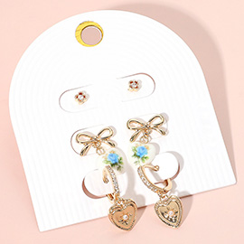 3Pairs - Stone Cluster Metal Bow Floral Ceramic Heart Dangle Mearl Heart Dangle Earring Set