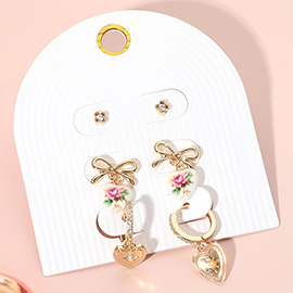 3Pairs - Stone Cluster Metal Bow Floral Ceramic Heart Dangle Mearl Heart Dangle Earring Set