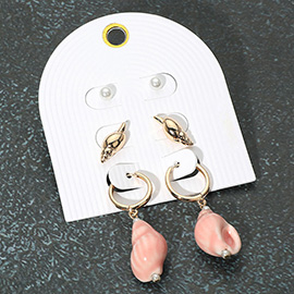 3Pairs - Pearl Metal Conch Shell Stud Ceramic Dangle Earring Set