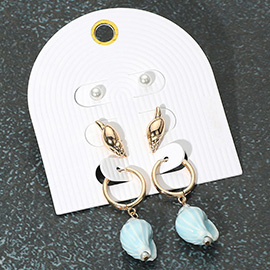 3Pairs - Pearl Metal Conch Shell Stud Ceramic Dangle Earring Set