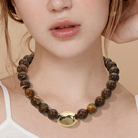 Polished Metal Bean Accent Bold Marbled Ball Beaded Statement Necklace
