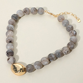 Polished Metal Bean Accent Bold Marbled Ball Beaded Statement Necklace