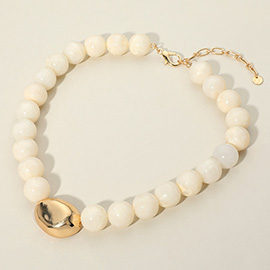 Polished Metal Bean Accent Bold Marbled Ball Beaded Statement Necklace