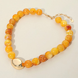 Polished Metal Bean Accent Bold Marbled Ball Beaded Statement Necklace