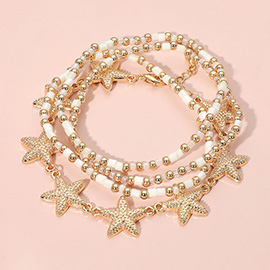 4PCS - Textured Metal Starfish Pearl Beaded Multi Layered Bracelets