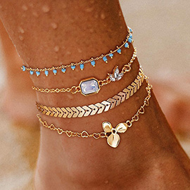 4PCS - Boho Charms and Beaded Layered Chain Anklet Set