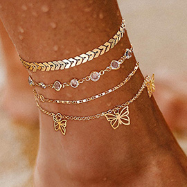 4PCS - Butterfly Charm Crystal Bezel Link Accent Boho Layered Chain Anklet Set