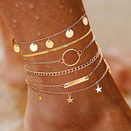 5PCS - Metal Chain Disc Bar Charm Accent Layered Chain Anklet Set