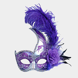 Feather Rhinestone Accent Venetian Masquerade Party Mask