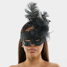 Mesh Flower Feather Accent Lace Masquerade Halloween Mask