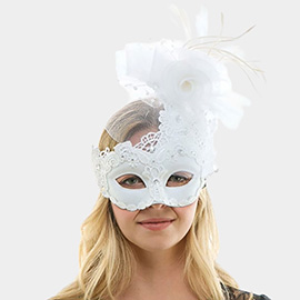 Mesh Flower Feather Detail Lace Applique Masquerade Halloween Mask