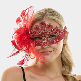Teardrop Stone Embellished Flower Feather Fairy Lace Masquerade Mask