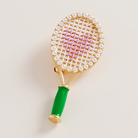 Pearl Heart Tennis Racket Pin Brooch