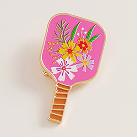 Tropical Floral Enamel Pickleball Paddle Pin Brooch