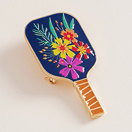 Tropical Floral Enamel Pickleball Paddle Pin Brooch