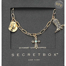 SECRET BOX_14K Gold Dipped Western Hat Boot Cross Turquoise Heart Stone Charm Station Paperclip Chain Necklace
