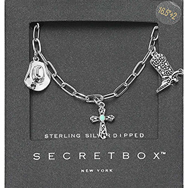 SECRET BOX_Sterling Silver Dipped Western Hat Boot Cross Turquoise Heart Stone Charm Station Paperclip Chain Necklace