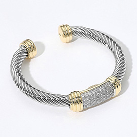 Two Tone CZ Stone Paved Centerpiece Accent Cuff Bracelet