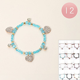 12PCS - Stone Paved Heart Charm Faceted Beaded Stretch Bracelets