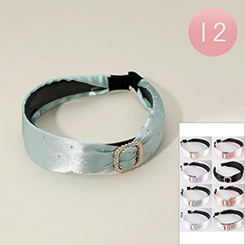 12PCS - Rhinestone Paved Buckle Accent Satin Headsbands