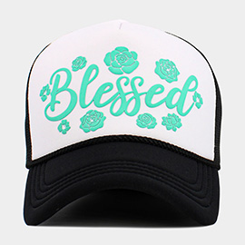 Flower Embroidered BLESSED Mesh Back Trucker Hat