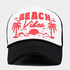 BEACH VIBE Palm Tree Embroidered Mesh Back Trucker Hat
