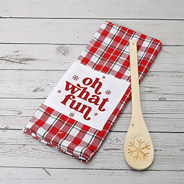 2PCS - OH WHAT FUN Message Checkered Kitchen Towel Wooden Spoon Set
