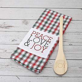 2PCS - PEACE LOVE JOY Message Checkered Kitchen Towel Wooden Spoon Set