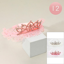 12PCS - Rhinestone Embellished Tulle Crown Headbands