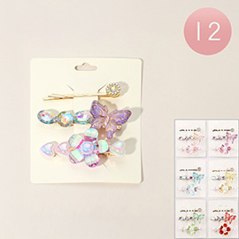 12 SET OF 3 - Sparkling Butterfly Flower Stone Accent Hair Clip Set