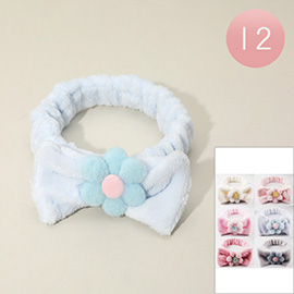 12PCS - Flower Accent Soft Stretch Plush Bow Headbands