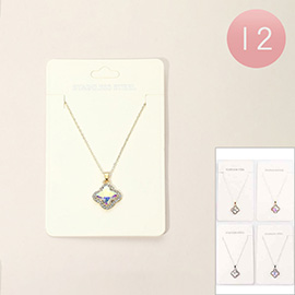 12PCS - Stainless Steel Quatrefoil Stone Pendant Necklaces