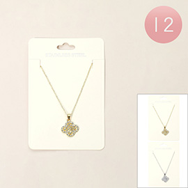 12PCS - Stainless Steel Stone Paved Quatrefoil Pendant Necklaces
