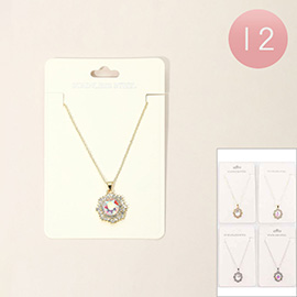 12PCS - Stainless Steel Radiant Crystal Halo Pendant Necklaces