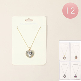 12PCS - Stainless Steel Heart Shaped Crystal Pendant Necklaces
