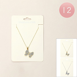 12PCS - Stainless Steel Stone Paved Butterfly Pendant Necklaces