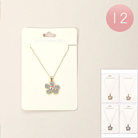 12PCS - Stainless Steel Stone Paved Flower Pendant Necklaces