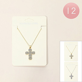 12PCS - Stainless Steel Stone Paved Cross Pendant Necklaces