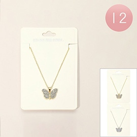12PCS - Stainless Steel Stone Paved Butterfly Pendant Necklaces