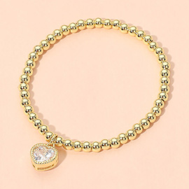 Stainless Steel Heart Charm Beaded Stretch Bracelet