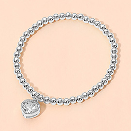 Stainless Steel Heart Charm Beaded Stretch Bracelet