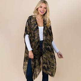 Lightweight Open Front Camo Print Kimono Wrap Poncho