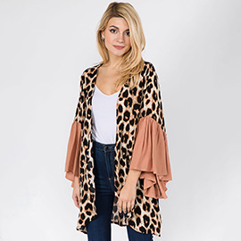 Open Front Ruffle Sleeves Leopard Print Poncho