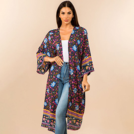 Boho Vibrant Floral Open Front Long Kimono Poncho