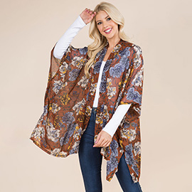 Lightweight Open Front Floral Print Kimono Poncho